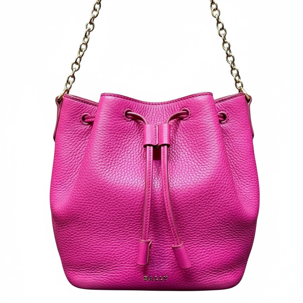 Bally Mini Top Handle Pink Pebbled Drawstring Bucket Bag $795 Retail Luxury